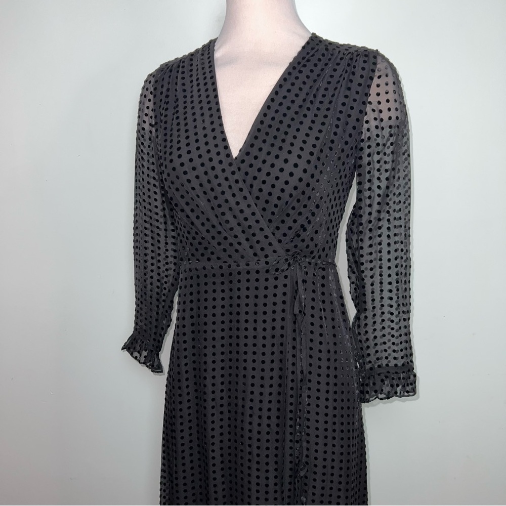 Whistles Black Flocked Polka Dot Wrap Midi Dress US 4 - Picture 4 of 15